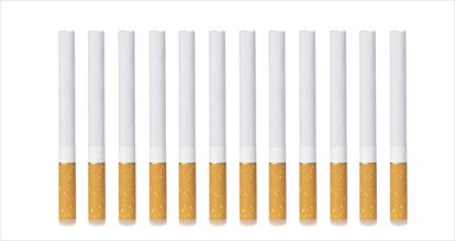 Row, group of filter cigarettes isolated on white background