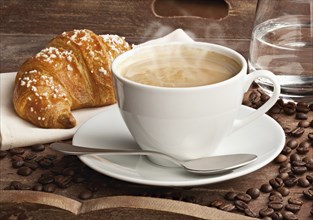 Cappuccino with croissant and glass of water in the tray of brown wood