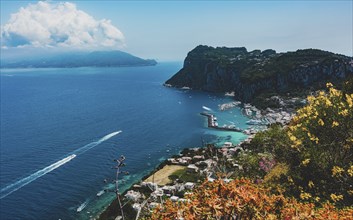 View of beautiful Marina Grande habour from above, Capri island, Italy, Europe