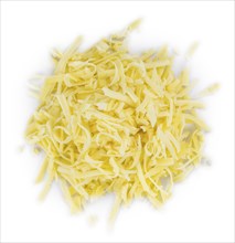 Grated Cheese isolated on white background (close-up shot, selective focus)