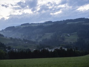 Evening mood, wooded hilly landscape, lowland, Leoben, Styria, Austria, Europe