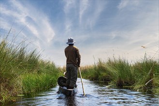 Adventure boat trip in a traditional Makoro at the Okavango Delta, Botswana, Africa