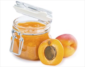 Apricot Jam isolated on white background (selective focus, close-up shot)