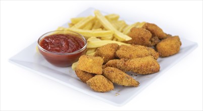 Portion of Chicken Nuggets isolated on white background (close-up shot)