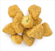 Portion of Chili Cheese Nuggets (as close-up shot) isolated on white background