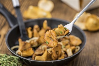 Fried Chanterelles on rustic wooden background as close-up shot