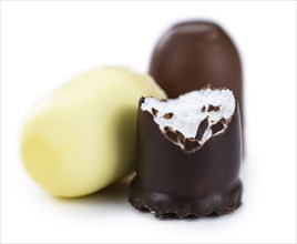 Chocolate Marshmallows isolated on white background (close-up, selective focus)