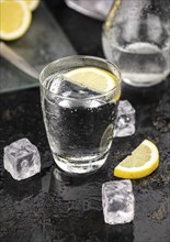 Portion of chilled sparkling water (detailed close up shot, selective focus)