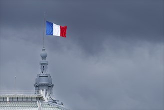 The French national flag, tricolour, on the Grand Palais, Paris, ÃŽle-de-France, France, Europe