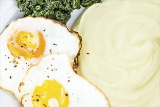 Some homemade Mash with fried eggs and spinach (selective focus) as detailed close-up shot)