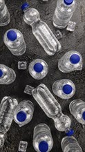 Bottles of chilled sparkling water as detailed close up shot