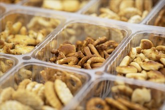 Portion of mixed Snacks (detailed close up shot, selective focus)