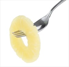 Portion of Preserved Pineapple Rings as detailed close-up shot isolated on white background