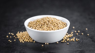 Portion of Seeds (Mustard) on a rustic slate slab (selective focus, close-up shot)