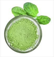 Spinach powder isolated on white background (close up, selective focus)