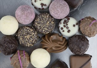 Portion of mixed Pralines as detailed close-up shot