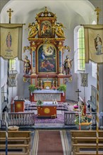 Main altar, Church of St Martin from 1746 in Eisenbach, Kreuzthal, Markt Buchenberg, Allgäu,