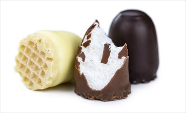 Chocolate Marshmallows isolated on white background (close-up, selective focus)