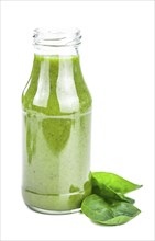 Homemade spinach smoothie isolated on white background (close up, selective focus)