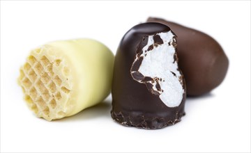 Chocolate Marshmallows isolated on white background (close-up, selective focus)