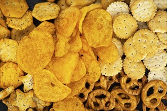 Portion of mixed Snacks (detailed close up shot, selective focus)