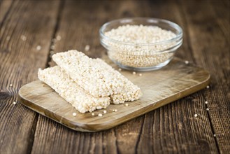 Portion of homemade Quinoa Bars (selective focus, close-up shot)