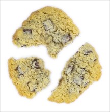 Chocolate Chip Cookies as detailed close-up shot isolated on white background (selective focus)