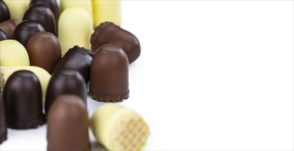 Chocolate Marshmallows isolated on white background (close-up, selective focus)