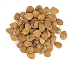 Portion of Apricot Kernels isolated on white background as detailed close up shot (selective focus)