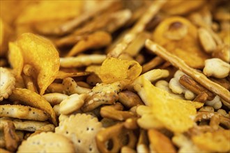 Portion of mixed Snacks (detailed close up shot, selective focus)