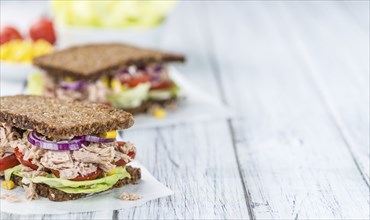 Fresh made Tuna sandwich with wholemeal bread (selective focus, close-up shot)