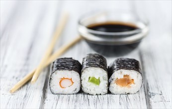 Some fresh made Sushi (detailed close-up shot, selective focus)