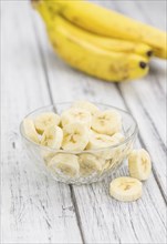 Portion of fresh Sliced Bananas close-up shot, selective focus