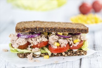 Tuna sandwich with wholemeal bread (selective focus, close-up shot)