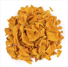 Portion of Sweet Potato Chips as detailed close-up shot isolated on white background