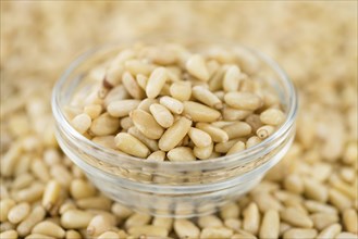 Portion of fresh Pine Nuts (close-up shot, selective focus)