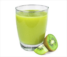 Portion of fresh made Kiwi Smoothie isolated on white background (close-up shot, selective focus)