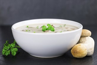 Some Porcini Soup on a slate slab as detailed close-up shot, selective focus