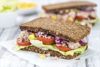 Fresh made Tuna sandwich with wholemeal bread (selective focus, close-up shot)