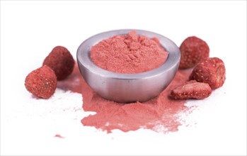 Strawberry powder isolated on white background, selective focus, close-up shot