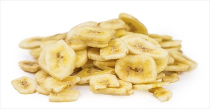 Fresh made Dried Banana Chips isolated on white background, close-up shot