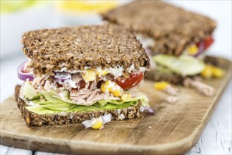 Fresh made Tuna sandwich with wholemeal bread (selective focus, close-up shot)