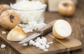 Some homemade White Onions (dices) as detailed close-up shot, selective focus