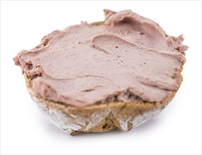 Roll with Liverwurst (German cuisine) isolated on white background (selective focus, close-up shot)