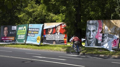 Election posters of the parties Alliance Sahra Wagenknecht, Greens, CDU, SPD and FDP stand on the