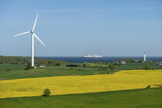 View from Hatbakken Fakkebjerg, Bagenkop, Langeland, agriculture, rape cultivation, lighthouse