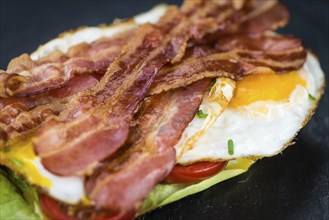 Portion of Bacon and Eggs (selective focus, close-up shot)