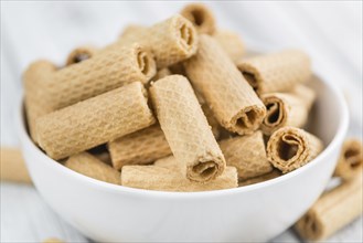 Fresh made Sweet Wafers on a vintage background as detailed close-up shot