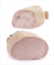 German Leberwurst isolated on white background (selective focus, close-up shot)