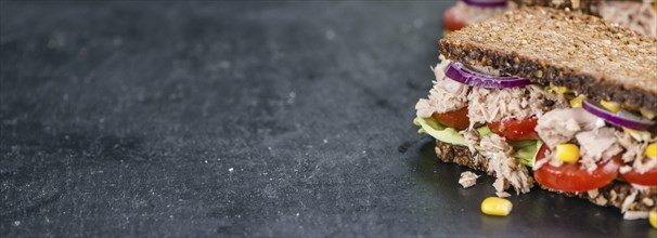 Tuna sandwich with wholemeal bread (selective focus, close-up shot)